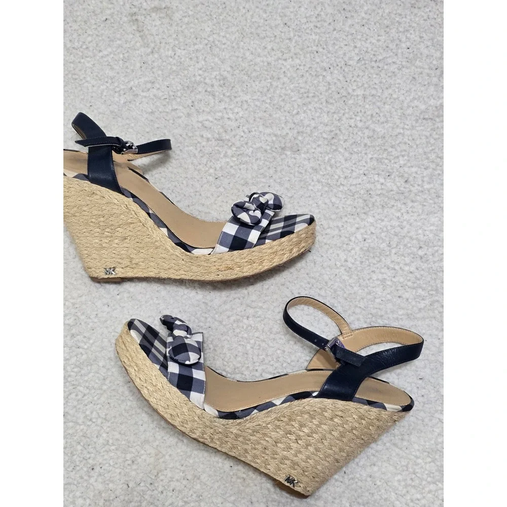 Michael Kors Gingham Espadrille Wedge Sandals Navy White Bow 11M